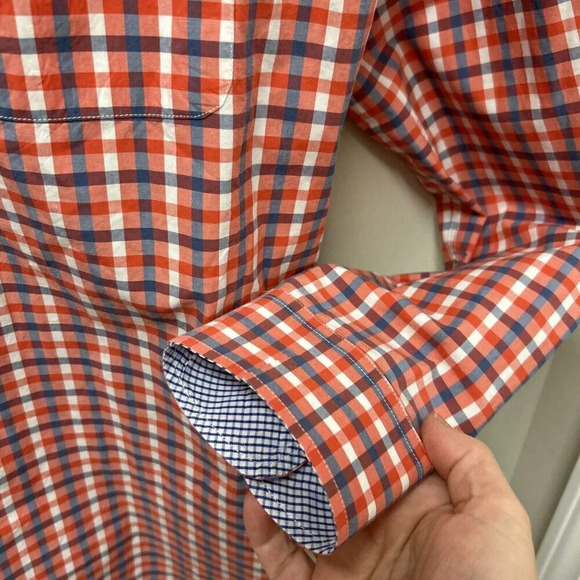 J McLaughlin Mens Shirt L Red Blue Check Trim Fit 100% Cotton Prep Classic‎ USA - Picture 5 of 12